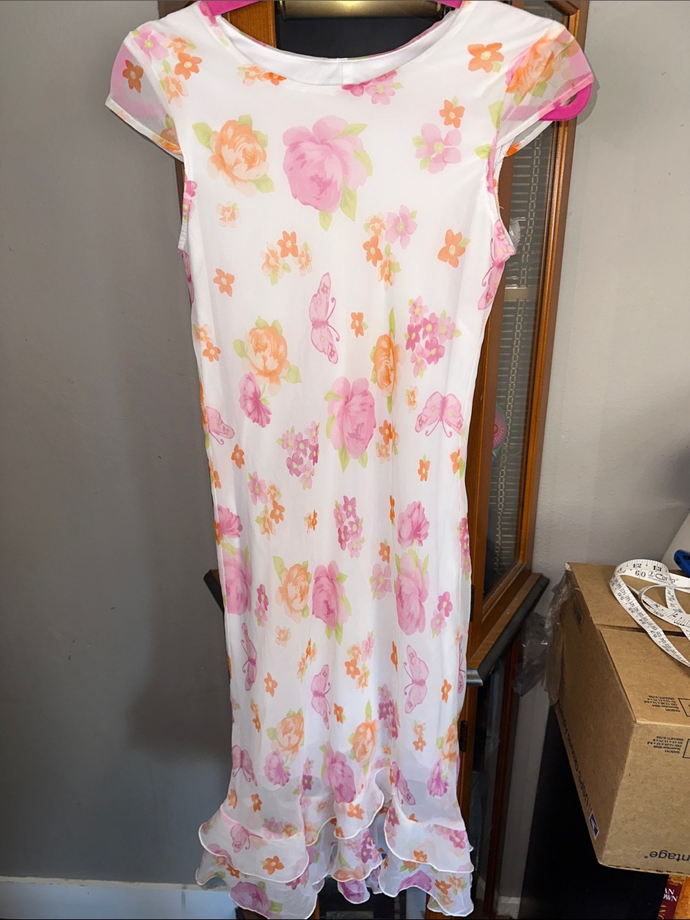 My Michelle White Nightgown Dress with Pink & Peach Floral Print